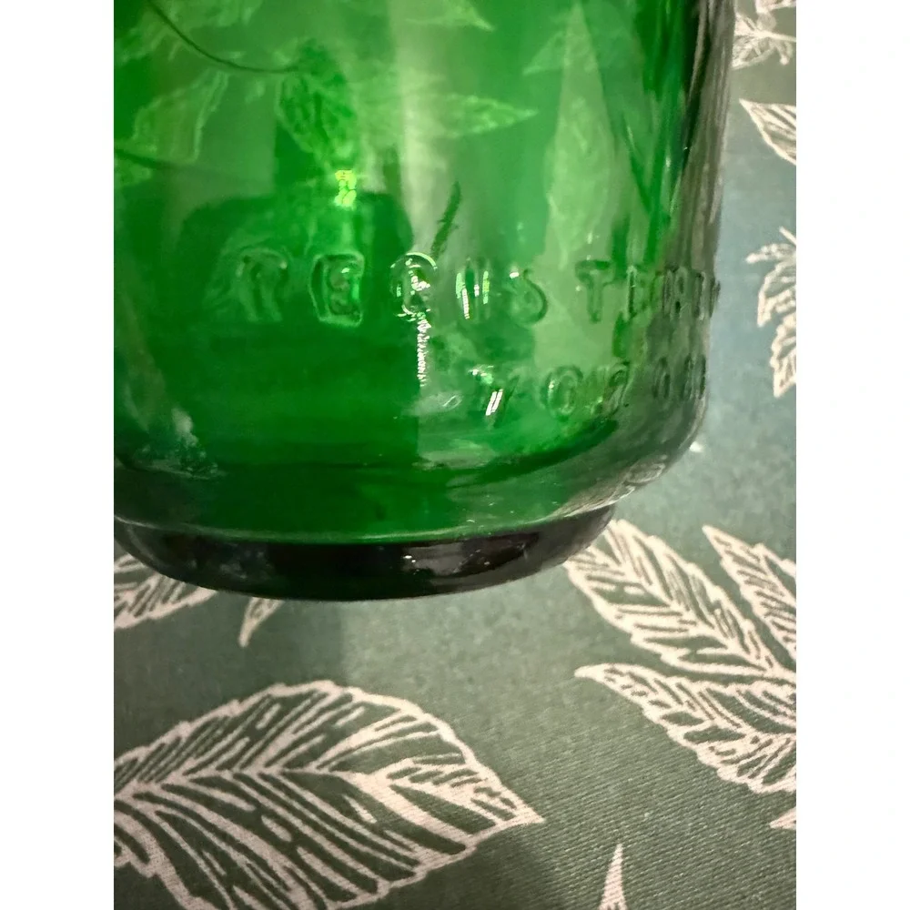 Vintage Emerald Green Glass Decanter with Pewter Grape Cluster Metal Collar 10in